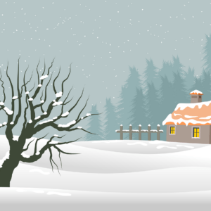 Winter scene with snow, a small cottage and a tree.